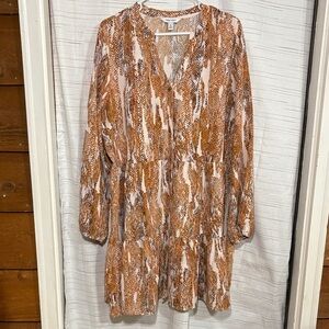 Nine West Brown Patterned Long Sleeve Dress